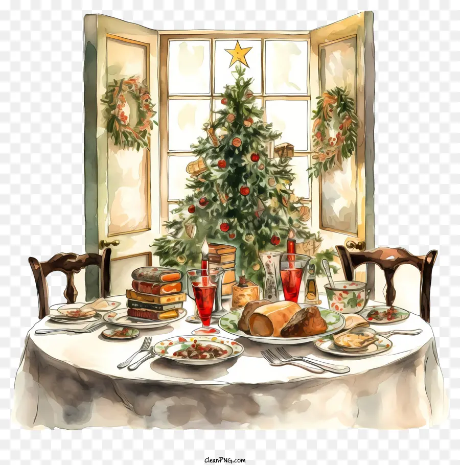 cây giáng sinh - Bộ bàn với thức ăn và đồ trang trí ngày lễ