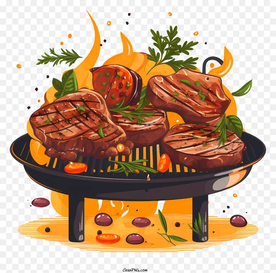 bbq grill bistecche verdure di pomodori peperoni - Grill barbecue con bistecche, verdure, spezie, fiamme