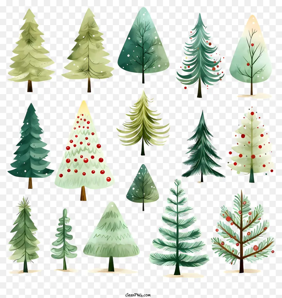 L'albero di natale decorazioni - Illustrazioni di alberi di Natale ad acquerello con decorazioni colorate