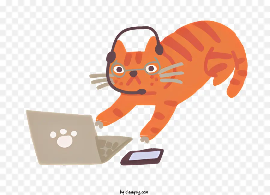 gatto che indossa cuffie gatto che lavora sulla tastiera del laptop e sulla zampa del mouse sullo schermo gatto usando il laptop - Gatto che indossa l'auricolare, lavorando sul laptop