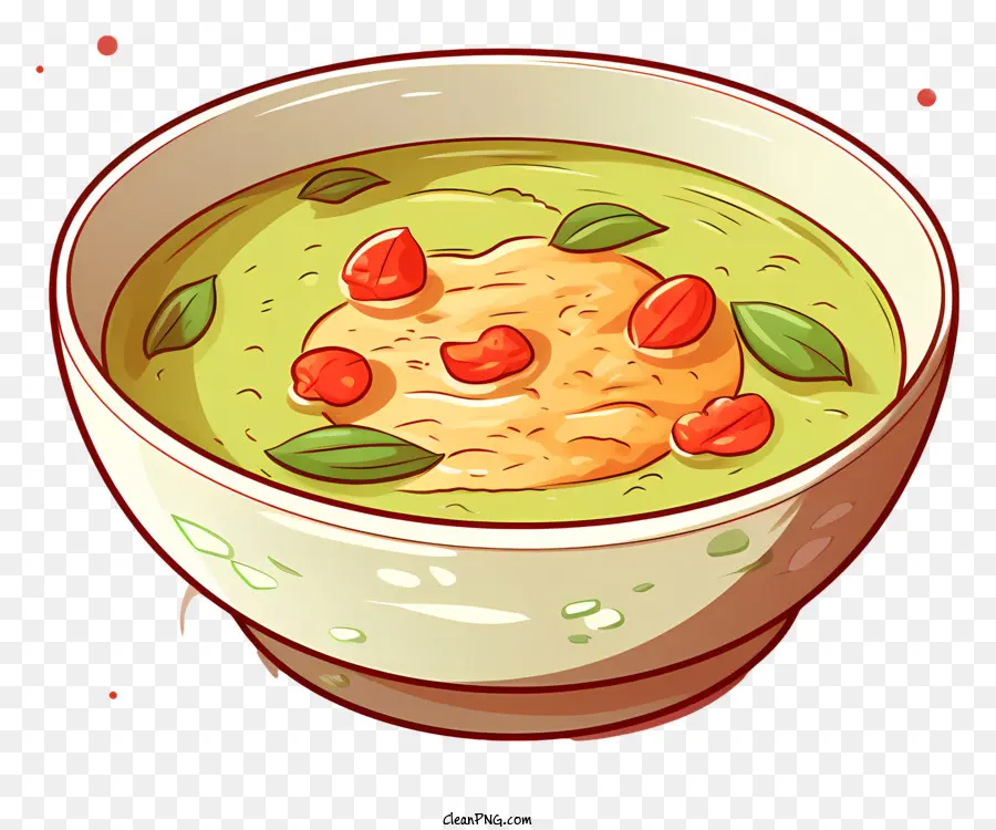 grüne Suppe Rot Beeren Grüne Kräuter Porzellanschale karikaturistisches Aussehen - Cartoon-Nahaufnahme der grünen Suppe mit Belägen