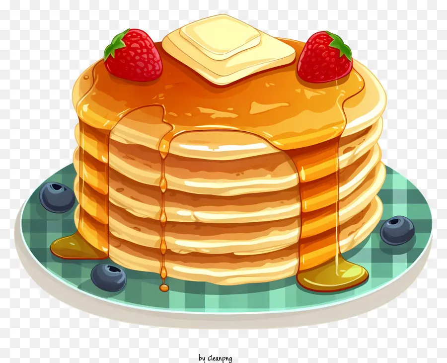 Pfannkuchen Blaubeeren Schlagsahne -Fluffy Pancakes Golden braune Pfannkuchen - Cartoon-Teller aus flauschigen, goldenen Pfannkuchen