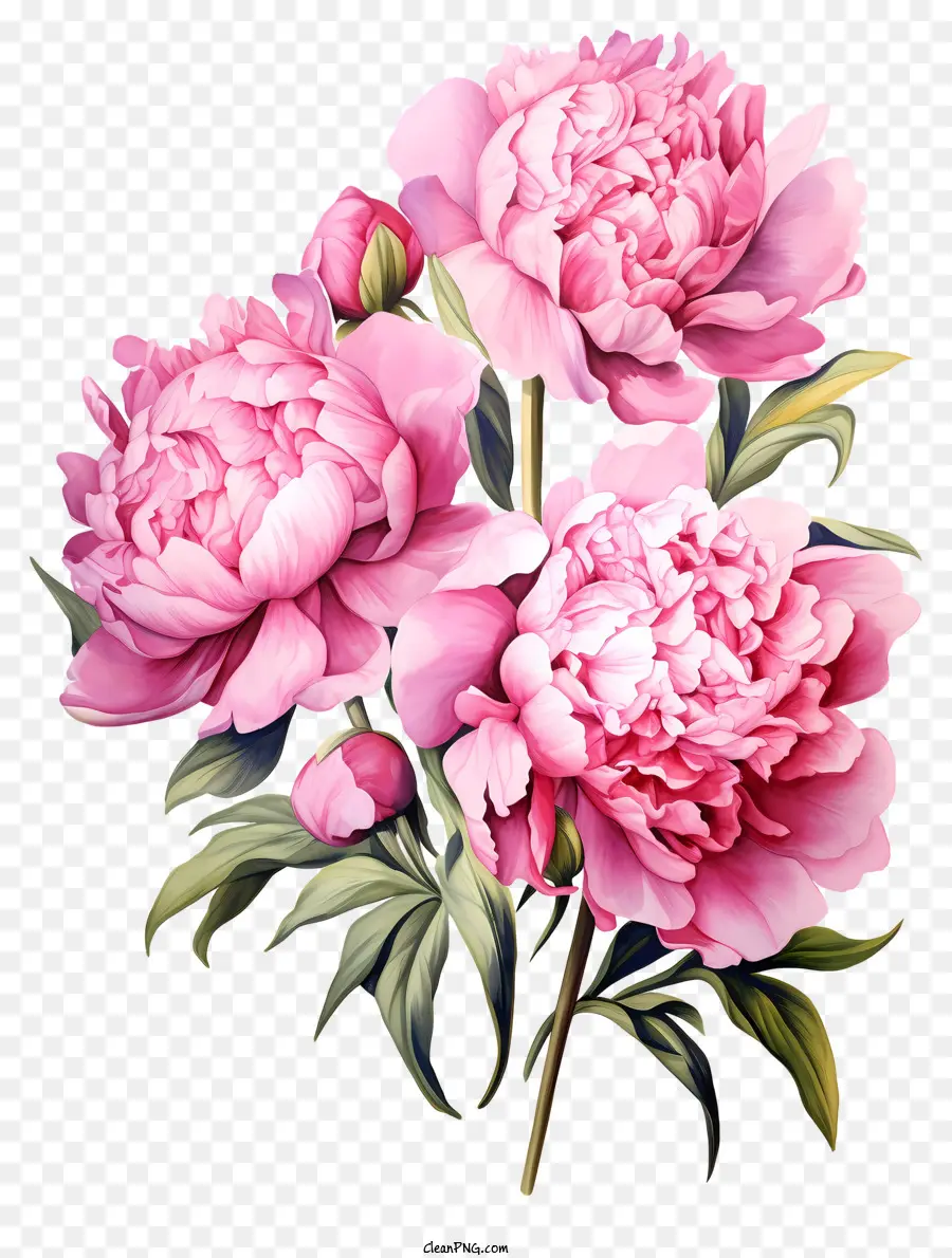 Pink Peonies Bouquet Full Bloom Velvety Textur Hell Pink - Nahaufnahme Schwarz-Weiß-Gemälde von rosa Pfingstrosen