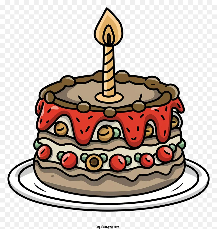 Geburtstagskuchen - Kuchen mit zeuchten Kerzen, Kirschen und Schokolade