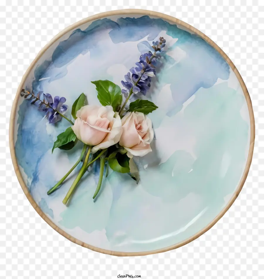 watercolor art porcelain plate blue and green splatters white and light pink bouquet roses