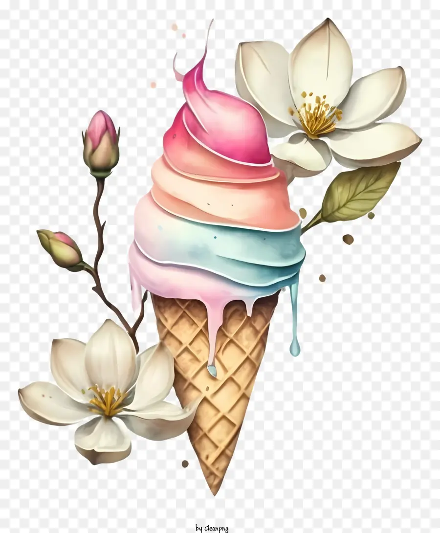Eiscreme -Kegel mehrfarbig Sahnehäubchen Wirbel Design Pink Gelb - Bunte Eiskegel Illustration mit Blumen