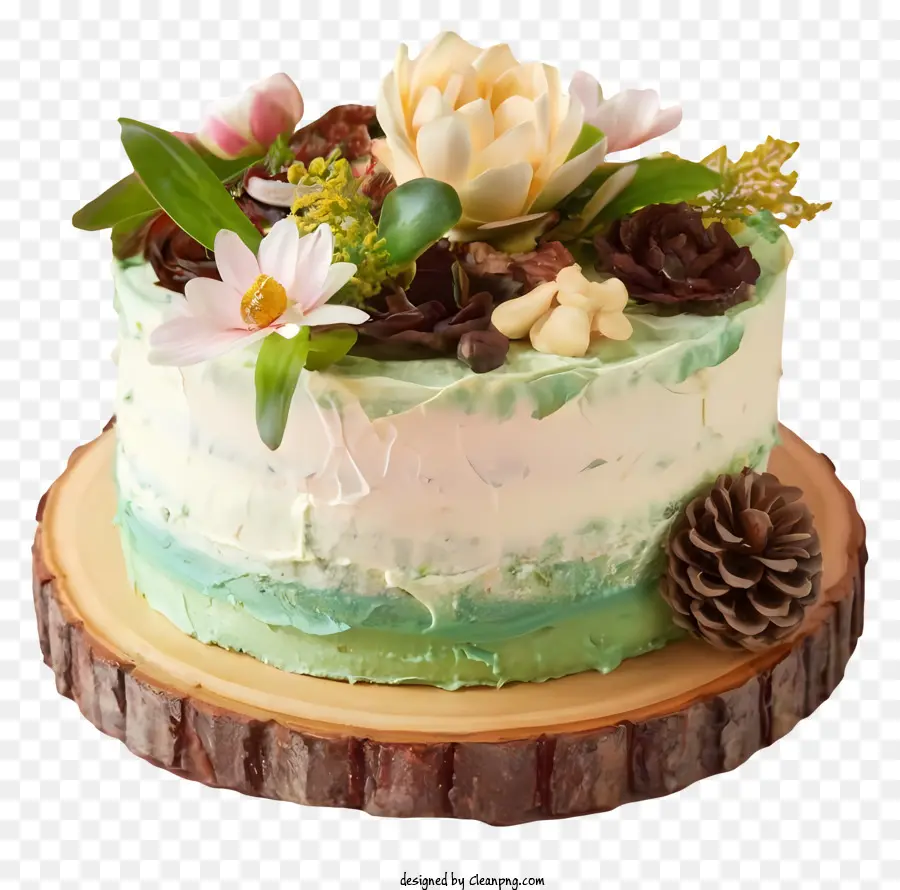 Decorazione della torta Colori glassatura glassa verde glassa blu bianca - Torta colorata con fiori su superficie di legno