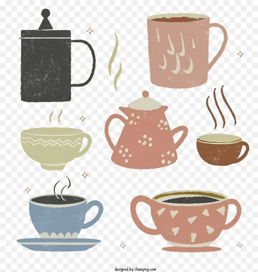 Teekannenmaterialien Formengrößen - Verschiedene Teekannen und Tassen auf schwarzem Hintergrund