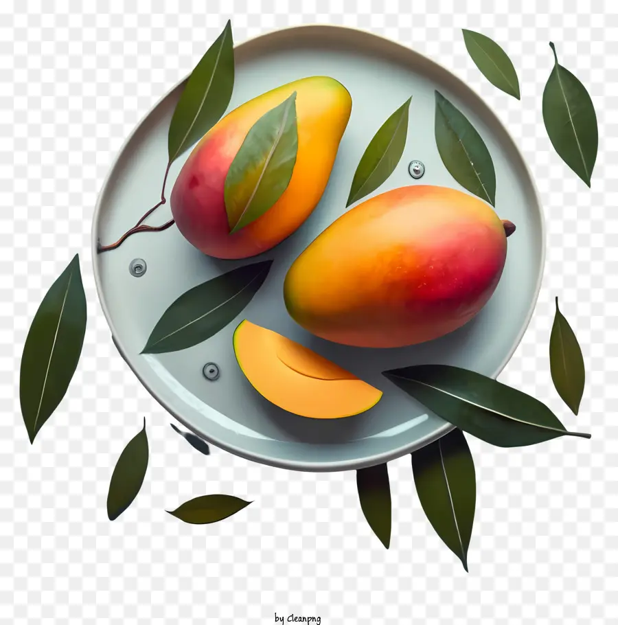 Mangos reife Mangos frisch ausgewählte Mangoes Mango Bowl Mangos in Skins - Drei reife Mangos in einer Schüssel mit Blättern