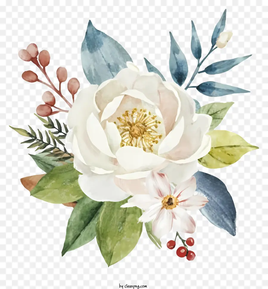 hoa hồng trắng - Hoa hồng trắng với thân cây và lá, quả xanh và hồng. 
Hình ảnh yên bình và thanh lịch