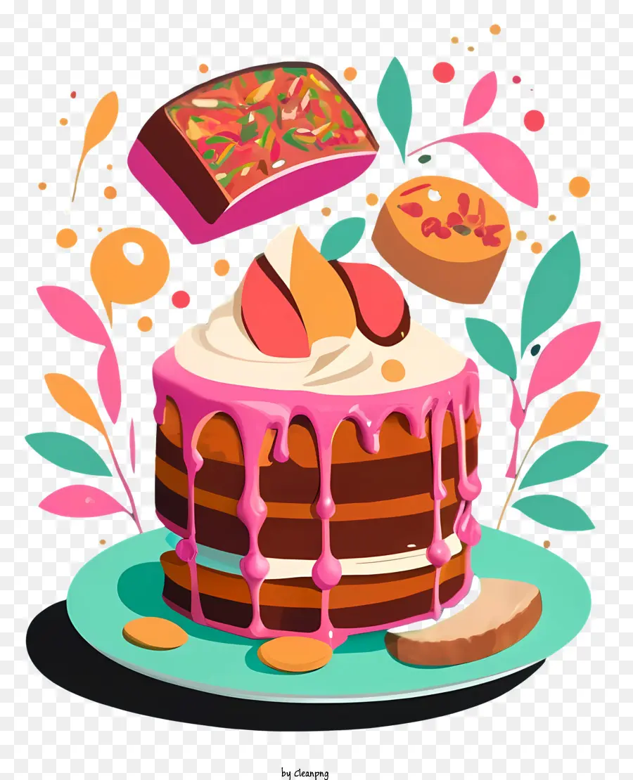bánh hồng sô cô la phủ mờ màu hồng chip lát quả cam đĩa màu xanh - Bánh màu hồng kiểu phim hoạt hình với đồ trang trí đầy màu sắc