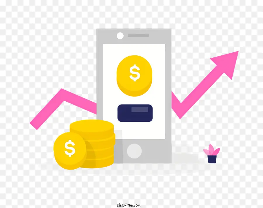 Grafico delle monete per smartphone di successo del successo finanziario - Lo smartphone con pila di monete simboleggia il successo finanziario