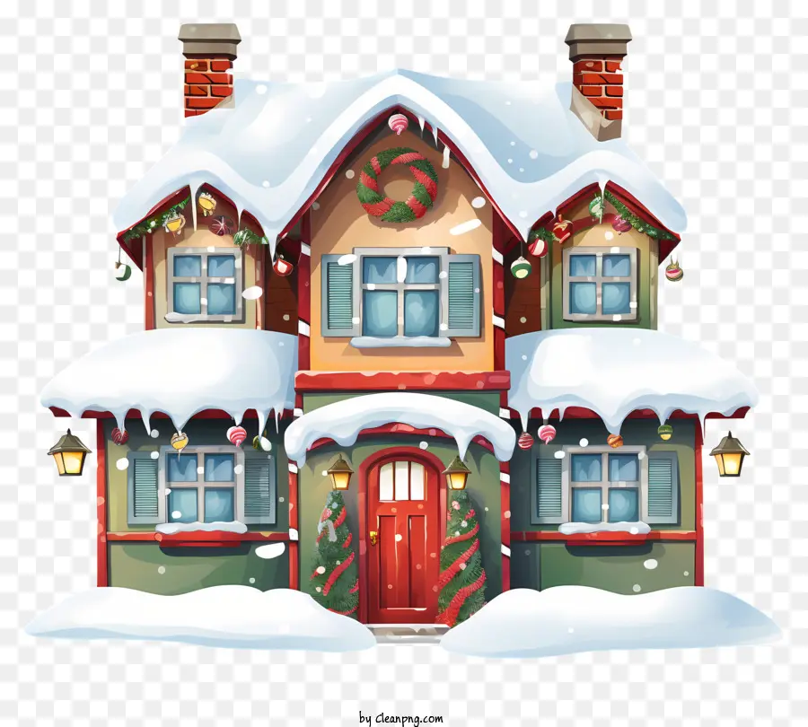 Weihnachtsdekoration - Winterferienhaus mit schneebedeckter Landschaft und Dekorationen