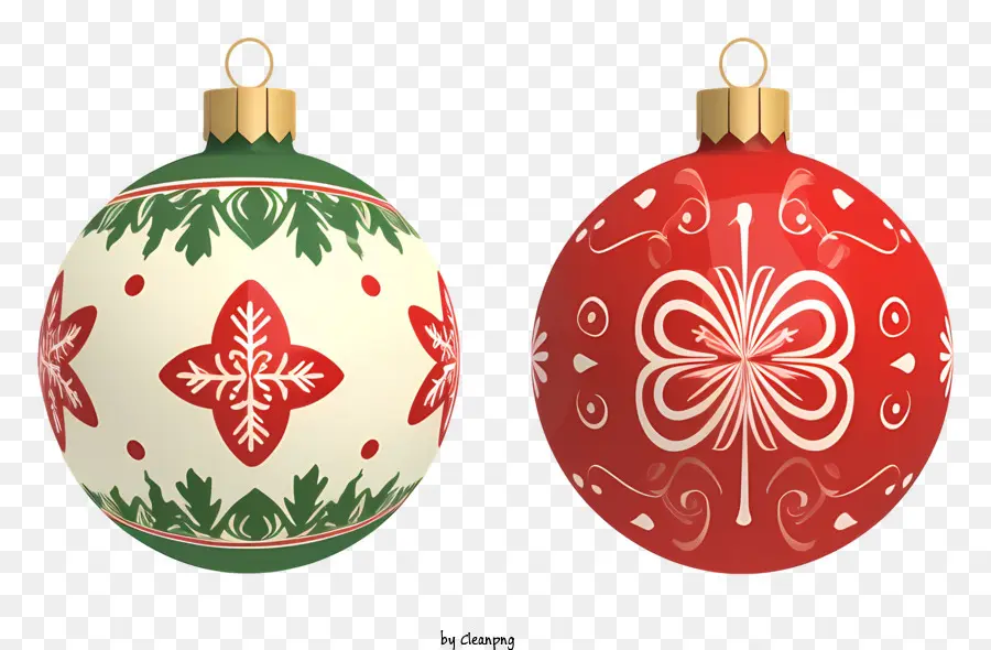 Weihnachtsbaumschmuck - Rote und grüne Ornamente mit blumigen Designs hängen