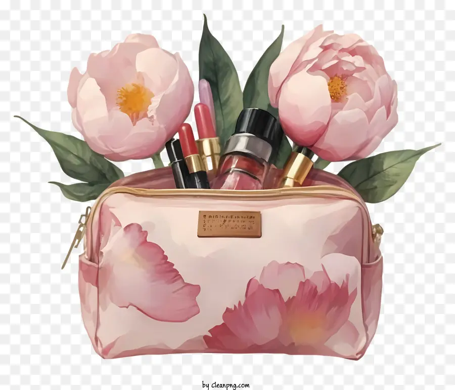 florales Design - Pink Cosmetic Bag mit Make -up -Produkten. 
Blumendesign, hellrosa Farbe. 
Gut beleuchtet, Tiefe, Textur