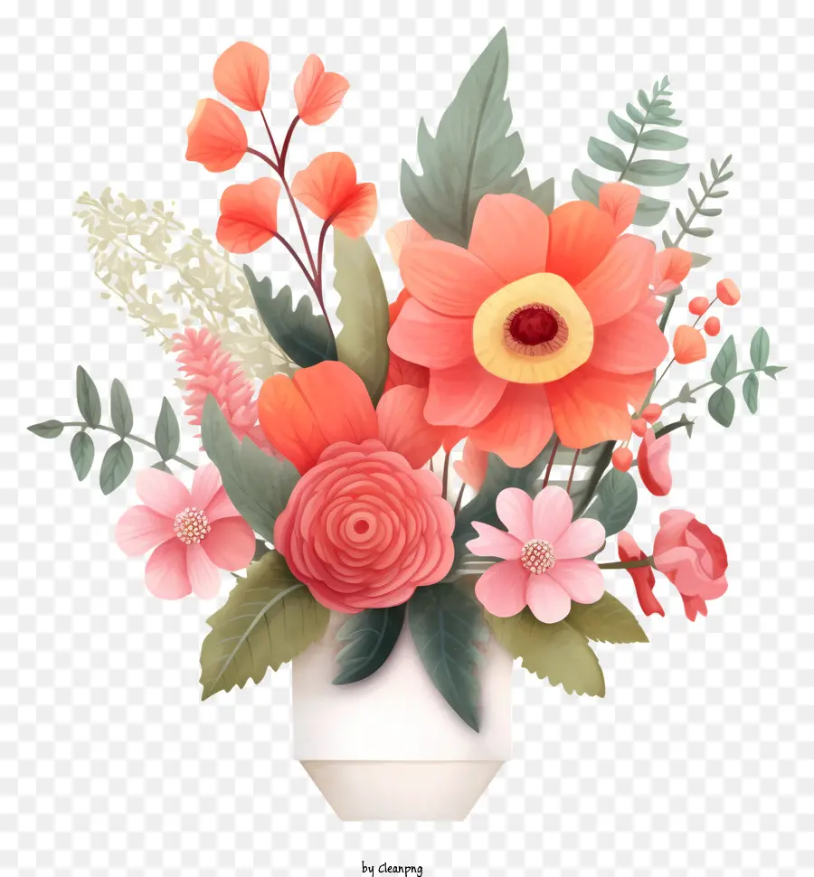 Blumenvase Blumen in verschiedenen Farben rote Blumen Orangen orangefarbene Blüten rosa Blumen - Bunte Blumen in flacher Vase auf schwarzem Hintergrund