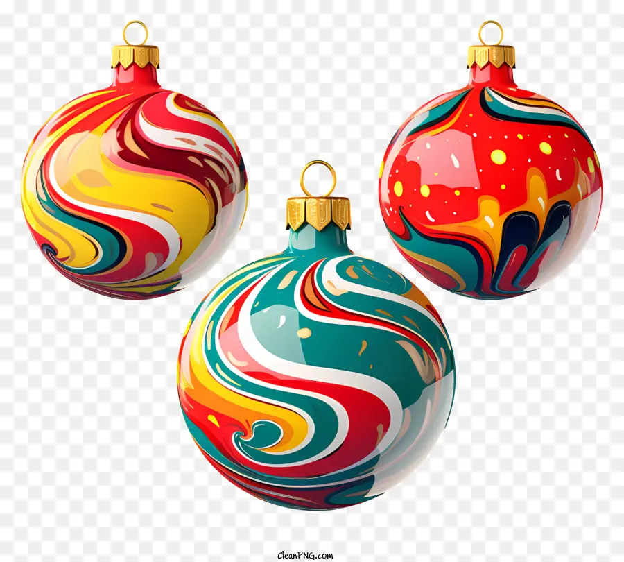 Weihnachtsdekoration - Drei runde Ornamente verschiedener Farben und Wirbel