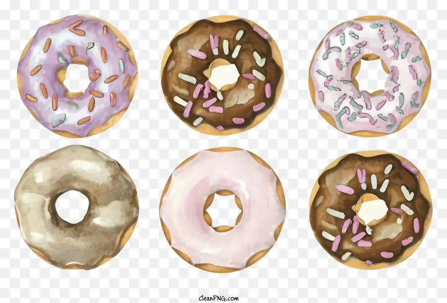 Donuts White Icing Pink Streukel Kreisarmanordnungsgruppe von sechs Donuts - Sechs Donuts mit weißem Zuckerguss und rosa Streusel