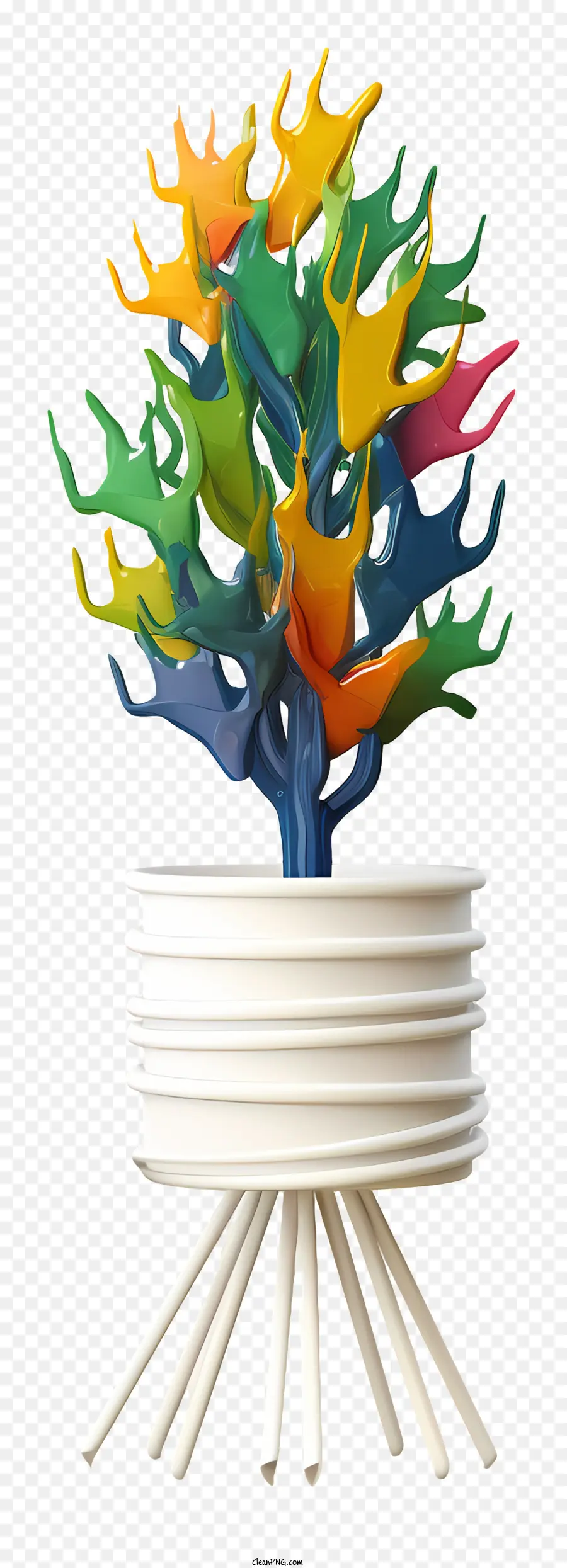 farbenfrohe Baum mehrfarbige Blätter Metallstangen weiße Teller weiße Tassen - Buntes Baum auf Metallstangen mit weißen Tassen