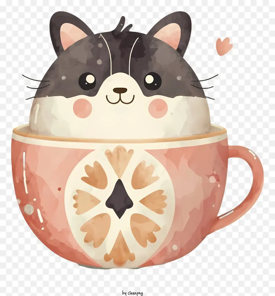 cat in cup black and white cat cat with brown spots pink cup cup with white rim