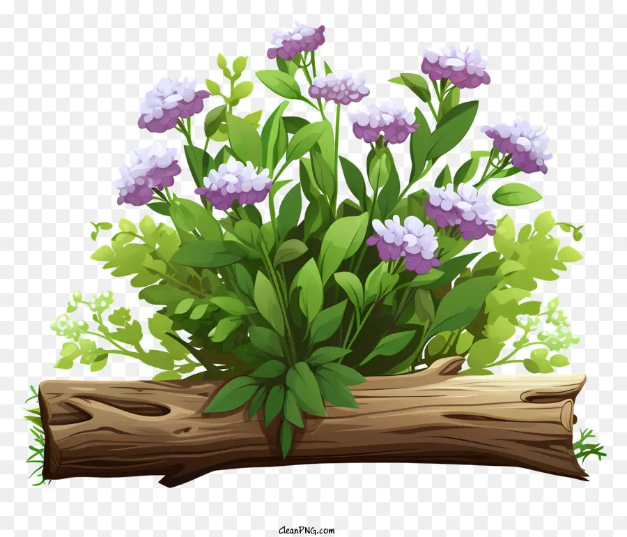 purple flowers pot wooden log cluster arrangement stems