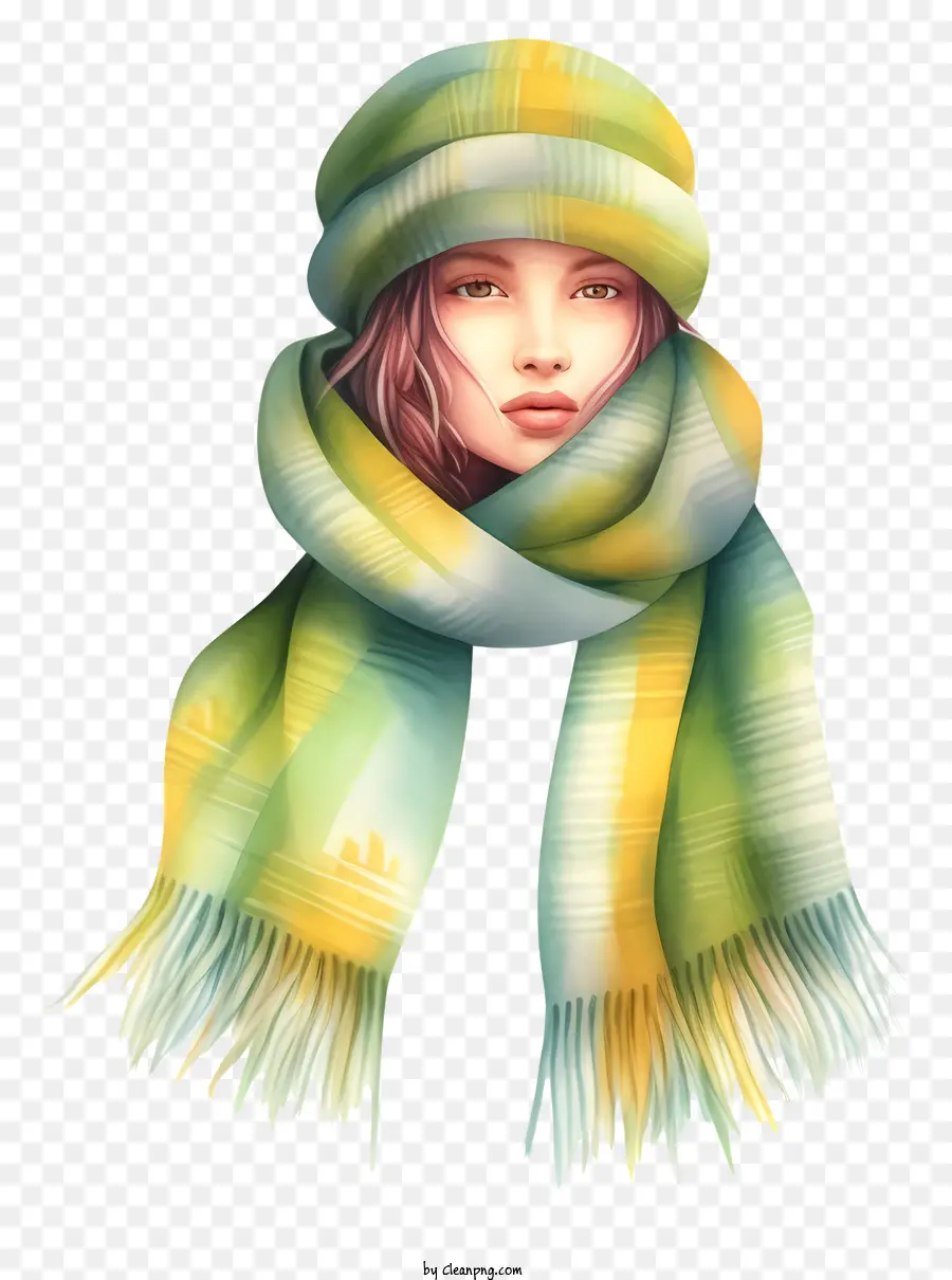 woman scarf yellow and green blue and white jacket