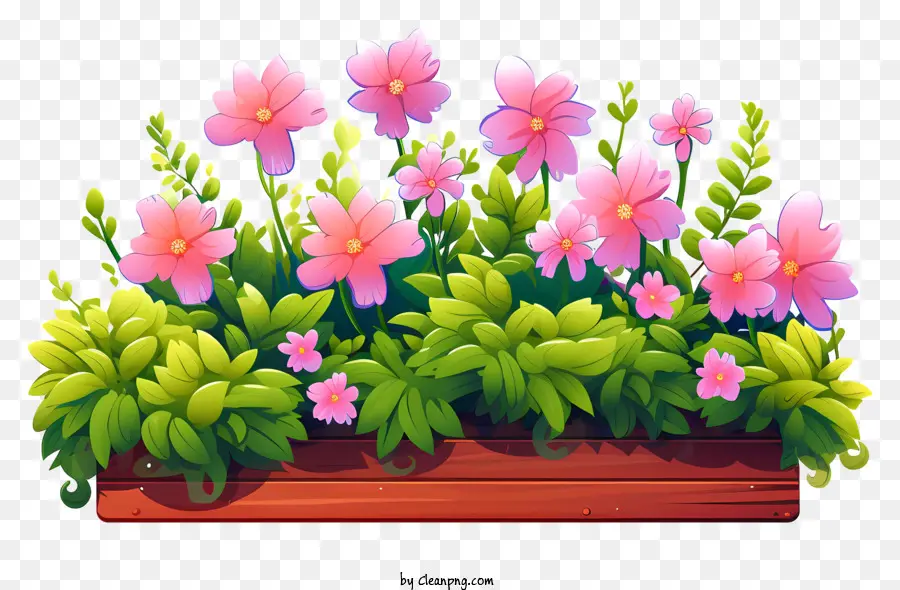 wooden box pink flowers green plants three-dimensionality scale