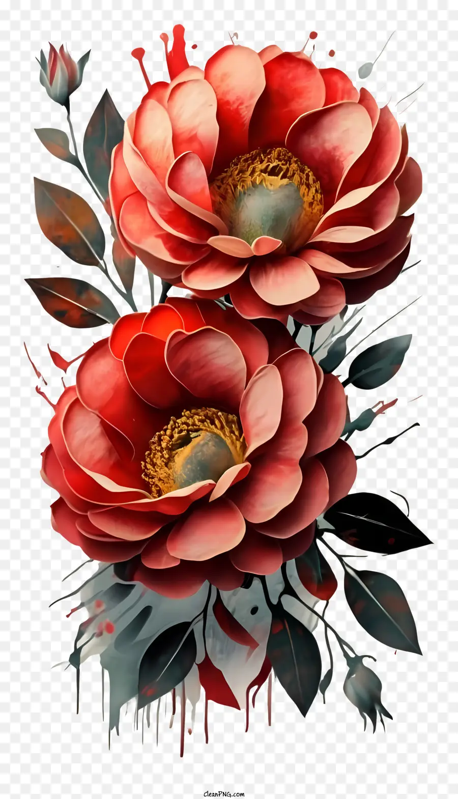 Digitales Gemälde rote Blumen Tropfen schwarzer Farbe schwarzer Hintergrund Vase oder Topf - Digitales Gemälde von roten Blumen mit schwarzer Farbe