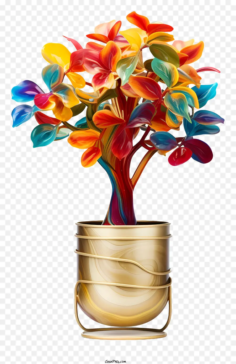 golden vase colorful plant symmetrical arrangement reflective surface gold finish