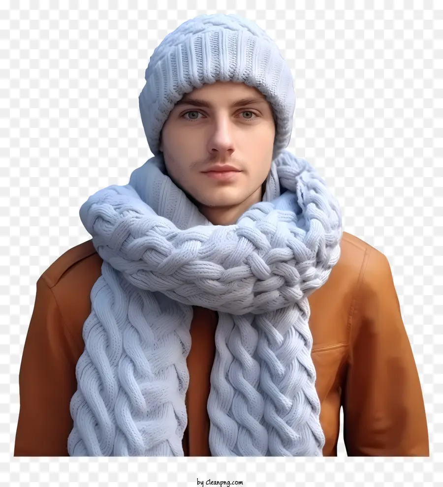 man gray knitted scarf beige jacket serious expression dark background