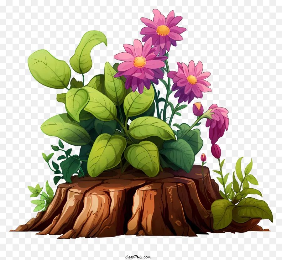 potted plant stump of wood pink flowers green leaves gray wood
