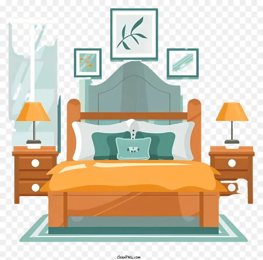 Đèn giường ngủ tủ quần áo màu vàng - Phòng ngủ với giường, đèn, tủ quần áo, tranh vẽ, thảm, đầu giường