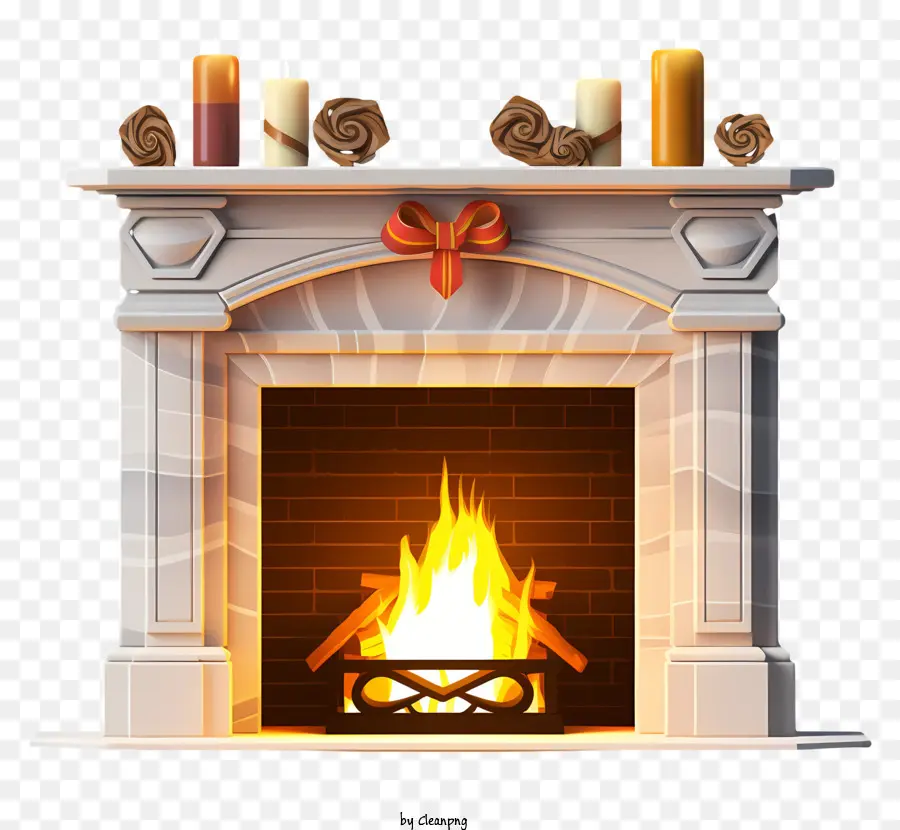 Steinkaminfeuer Brenner Kerzen Holzmantel - Steinkamin mit brennendem Feuer, Kerzen, Baumstämmen, Kaminsims, Uhr, dunkler Raum