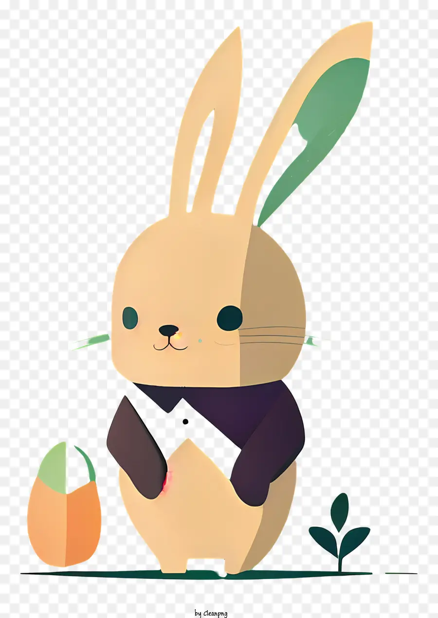 Cartoon Bunny süßes Gesicht brauner Anzug schwarz Krawatte grüne Bowtie - Cartoon -Hasen mit grünem Ei in den Händen