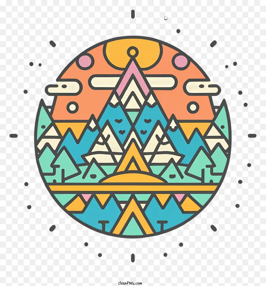 design piatto Design minimalistico Colori vivaci Colori vibranti Circolo rotondo - Immagine piatta vibrante di montagne, alberi e sole