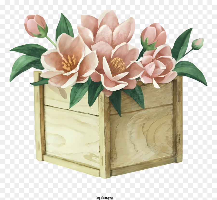 Hoa Màu Nước - Bức tranh màu nước của hộp hoa bằng gỗ với hoa màu hồng
