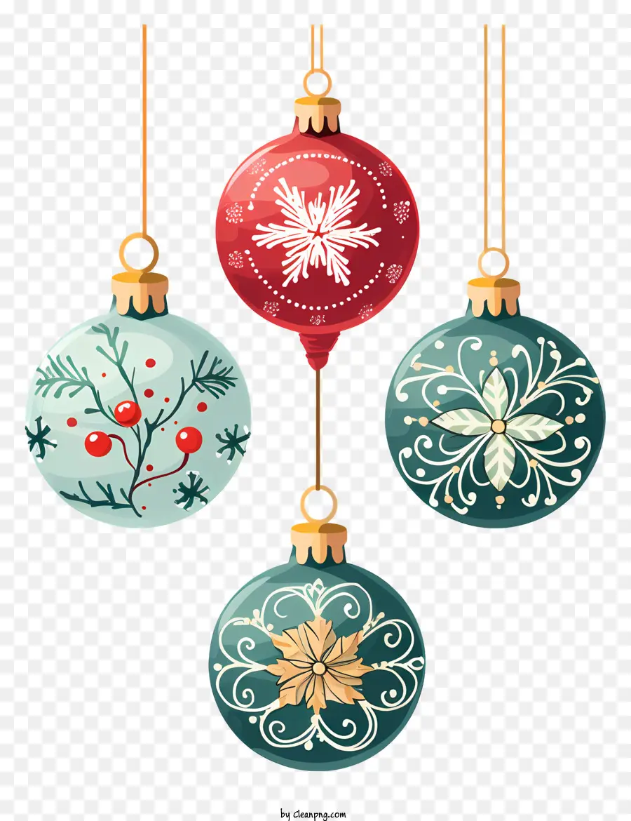Weihnachtsschmuck - Drei farbenfrohe Weihnachtsschmuck, die an schwarzer Schnur hängen