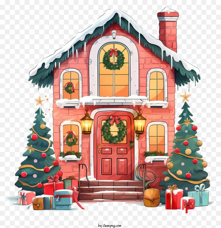 Weihnachtsdekoration - Schneebedecktes Haus mit Geschenken und Kranz