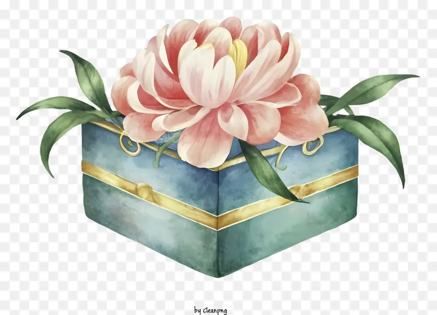 la disposizione dei fiori - Fiore di peonia rosa in scatola blu con accenti dorati su sfondo nero