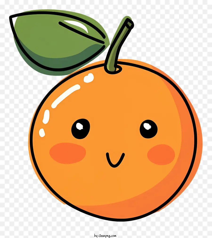 lächelnder orange Cartoon Orange süße Früchte glücklicher Ausdruck minimalistisches Blatt - Cartoonorange mit Blatt auf schwarzem Hintergrund sitzt
