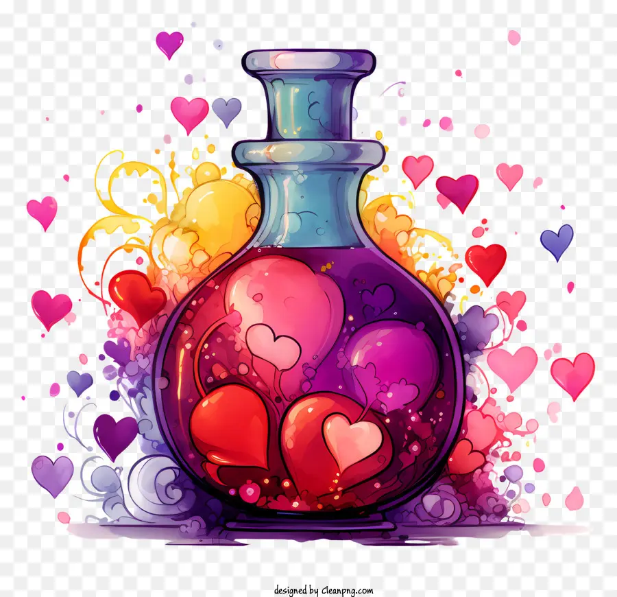 bottiglia di cuori colorati con etichetta cuori su bottiglia di sfondo nero schizzi - Bottiglia colorata piena di cuore su sfondo nero