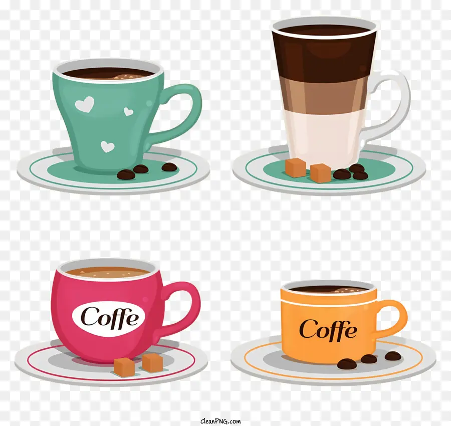 Kaffeetassen Kaffee Designs Löffel Zuckerschalen Untertasse - Drei Kaffeetassen mit verschiedenen Designs und Accessoires