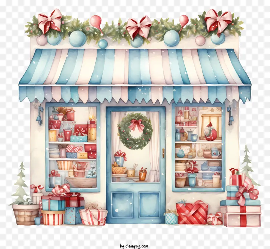 Aquarellabbildung kleiner Geschäft Blaues Markisen Red Door Baum Ornamente - Illustration eines kleinen Ladens mit festlichen Dekorationen