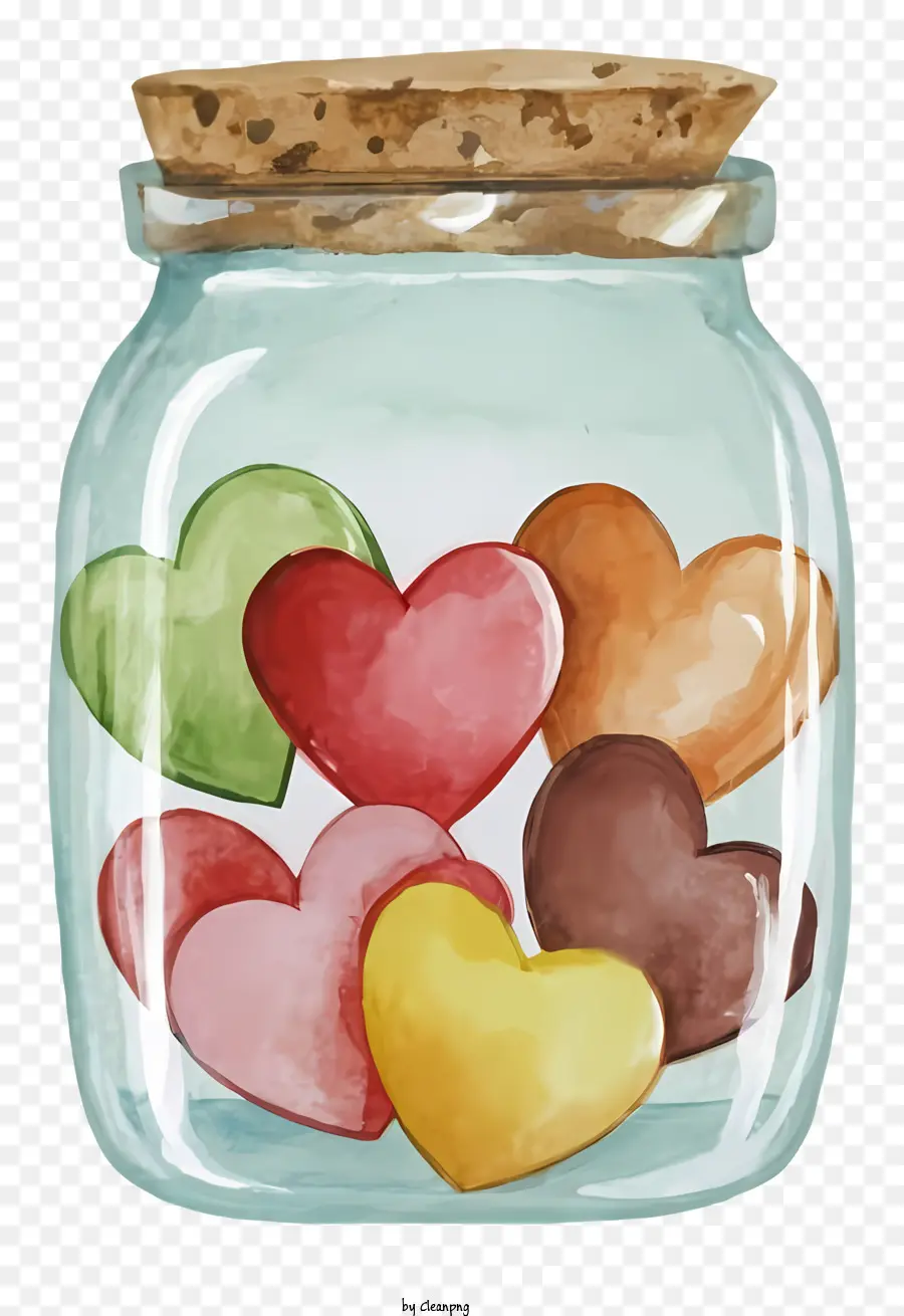 watercolor illustration glass jar heart-shaped candies wooden surface cork