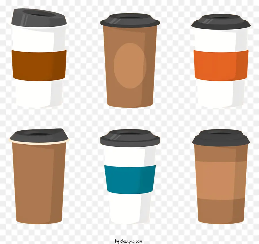 Papierkaffeetassen entwirft auf Tassen verschiedene farbige Tassen Pappbecher Muster Schwarze und weiße Tassen - Sechs verschiedene Designpapierkaffeetassen auf schwarzem Hintergrund