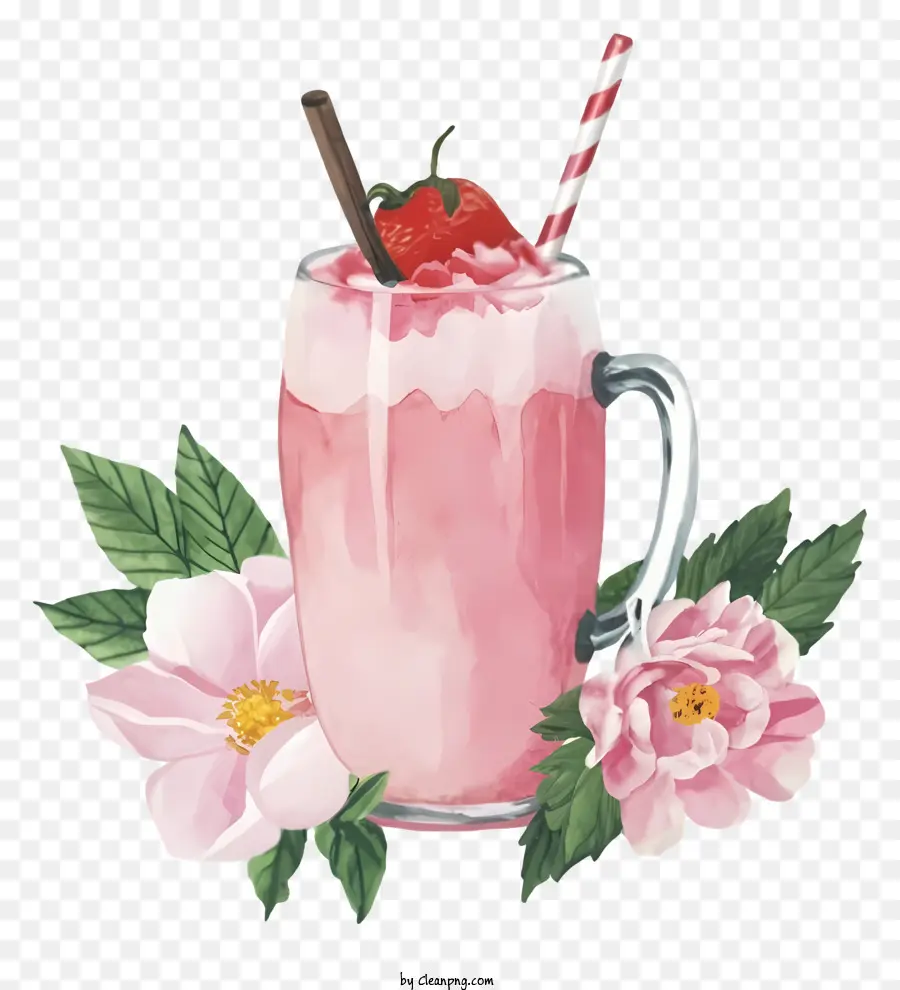 hoa hồng - Đồ uống màu hồng với rơm, dâu tây và hoa