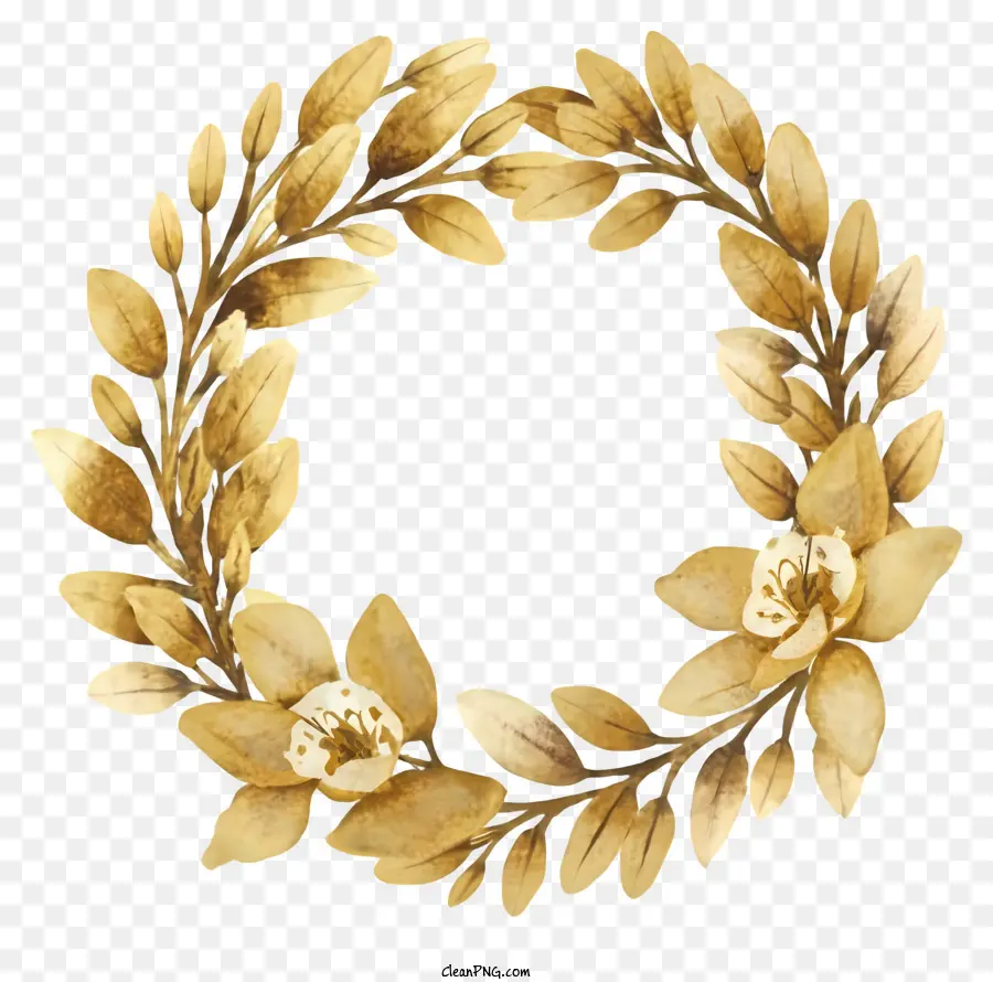 golden wreath leaves flowers black background circular pattern