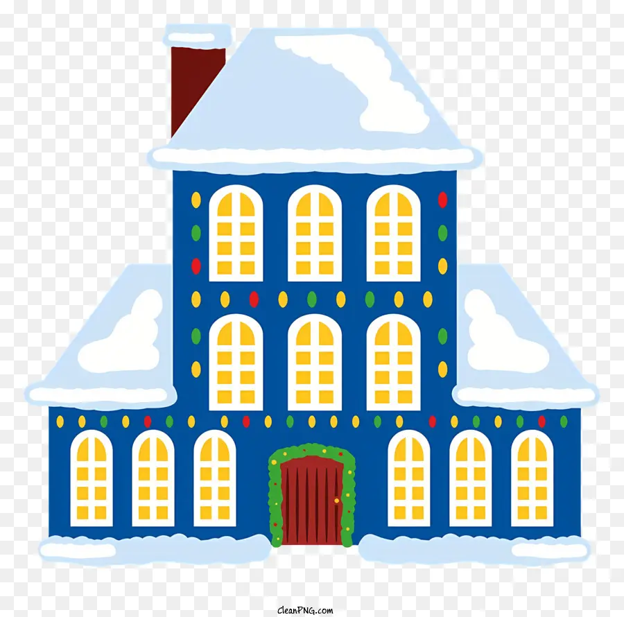 Blue House Großes Haus zwei Stockwerke Balkonfenster - Großes, blaues Haus mit Schnee, Lichtern und Dekorationen