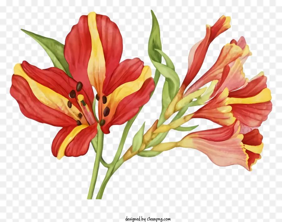 Tiger Lilies Red và Yellow Bouquet Vẽ hoa Vase Sắp xếp nền đen - Hoa loa kèn màu đỏ và vàng tươi