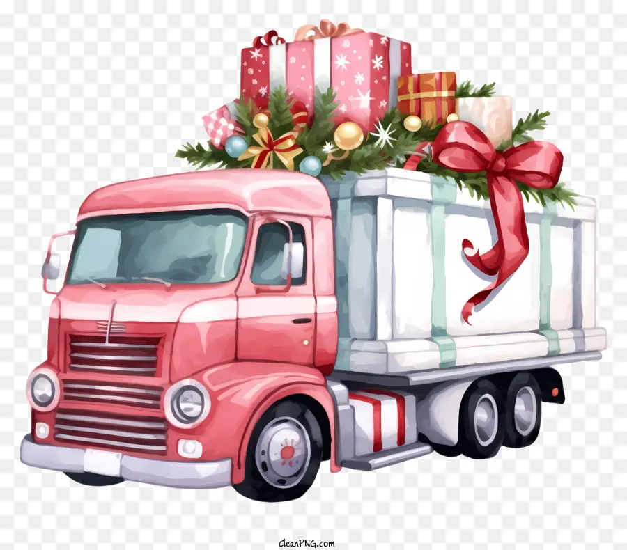xe tải màu hồng trình bày kết cấu sơn kỹ thuật số ruy băng - Bức tranh kỹ thuật số của xe tải màu hồng với những món quà
